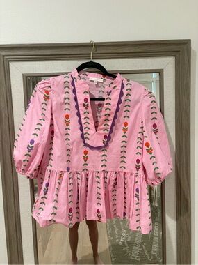Karlie Pink Floral-Print Peasant Blouse with Purple Trim
